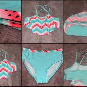 Op light turquoise aqua blue & watermelon pink trim ruffle bikini 5T youth girls